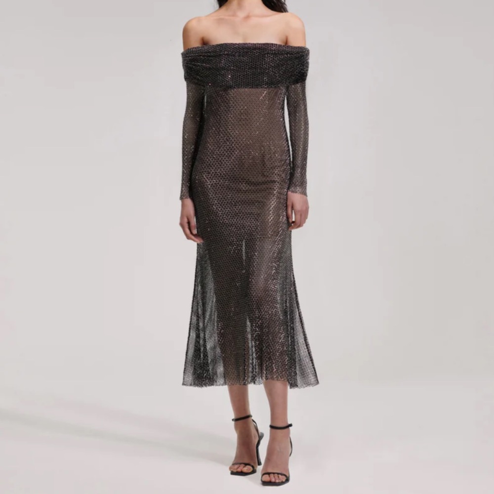 Self-Portrait Black Rhinestone Fishnet Midi Dress